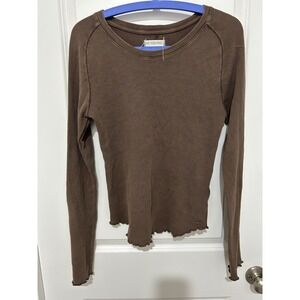 WE THE FREE Brown Waffle Knit Long Sleeve Lettuce Hem Top Size L
